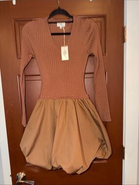 Able Girls Ribbed Bodice Bubble Skirt Dress in Rust and Tan